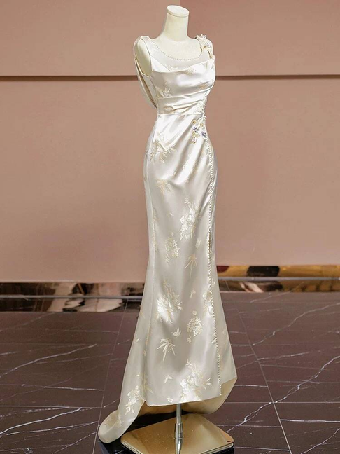 Vintage Mermaid Square Neck Satin Slit Long Prom Dresses Party Dress 20th Birthday Outfits Graduation Dress AU246
