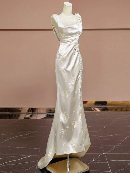 Vintage Mermaid Square Neck Satin Slit Long Prom Dresses Party Dress 20th Birthday Outfits Graduation Dress AU246