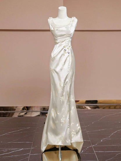 Vintage Mermaid Square Neck Satin Slit Long Prom Dresses Party Dress 20th Birthday Outfits Graduation Dress AU246