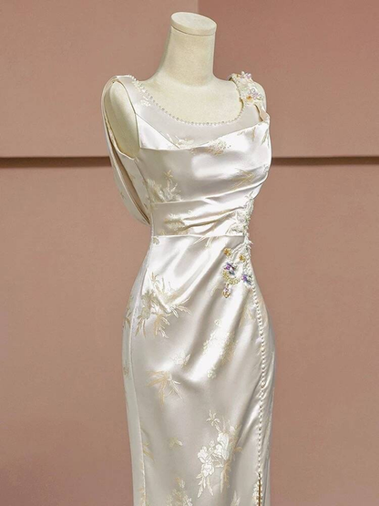 Vintage Mermaid Square Neck Satin Slit Long Prom Dresses Party Dress 20th Birthday Outfits Graduation Dress AU246