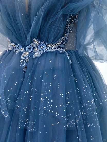 Sparkly A Line Spaghetti Strap Dusty Blue With Beading Tulle Prom Dresses Long Evening Party Formal Outfits RB6630