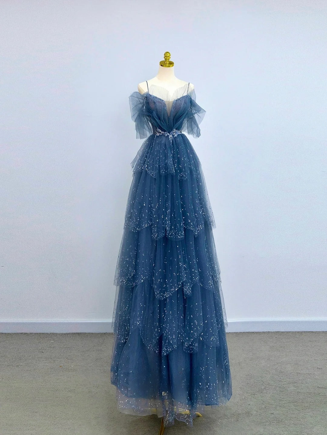 Sparkly A Line Spaghetti Strap Dusty Blue With Beading Tulle Prom Dresses Long Evening Party Formal Outfits RB6630