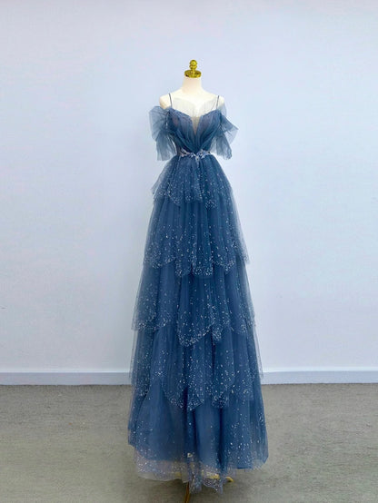 Sparkly A Line Spaghetti Strap Dusty Blue With Beading Tulle Prom Dresses Long Evening Party Formal Outfits RB6630