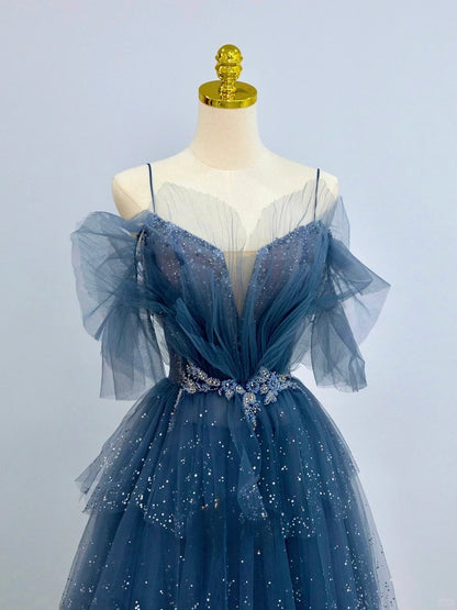 Sparkly A Line Spaghetti Strap Dusty Blue With Beading Tulle Prom Dresses Long Evening Party Formal Outfits RB6630