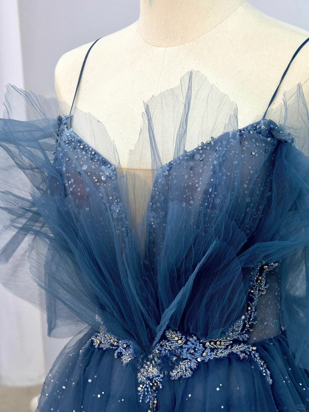 Sparkly A Line Spaghetti Strap Dusty Blue With Beading Tulle Prom Dresses Long Evening Party Formal Outfits RB6630