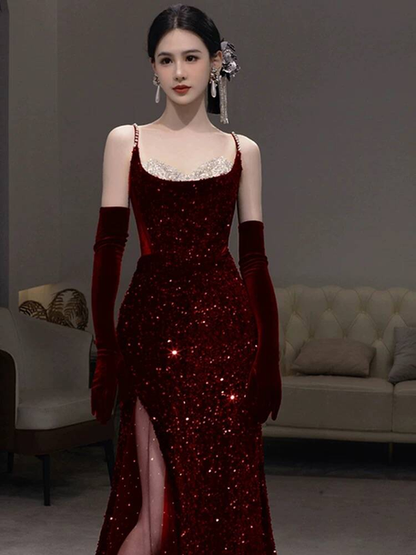 Modest Mermaid Spaghetti Straps Sequin Wine Red Long Prom Dresses Party Dress 21st Birthday Outfits Graduation Dress AU247