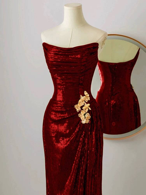 Modest Mermaid Strapless Sequin Burgundy  Long Prom Dresses Party Dress 20th Birthday Outfits Graduation Dress AU248