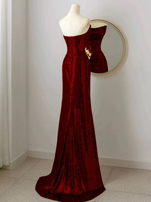 Modest Mermaid Strapless Sequin Burgundy  Long Prom Dresses Party Dress 20th Birthday Outfits Graduation Dress AU248