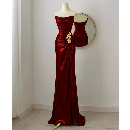 Modest Mermaid Strapless Sequin Burgundy  Long Prom Dresses Party Dress 20th Birthday Outfits Graduation Dress AU248