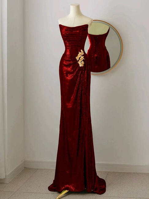 Modest Mermaid Strapless Sequin Burgundy  Long Prom Dresses Party Dress 20th Birthday Outfits Graduation Dress AU248
