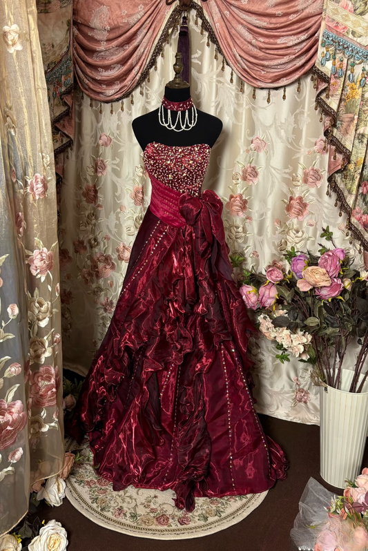 Retro Ball Gown Strapless Beads Burgundy Organza Long Prom Dresses 80s 70s Prom Gowns AU248
