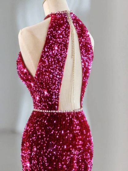 Modest Mermaid High Neck Sequin Fuchsia Long Prom Dresses Party Dress 21st Birthday Outfits Graduation Dress AU249