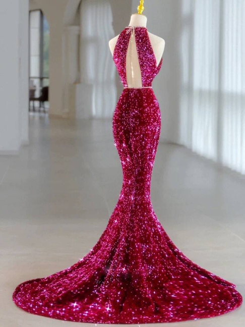 Modest Mermaid High Neck Sequin Fuchsia Long Prom Dresses Party Dress 21st Birthday Outfits Graduation Dress AU249