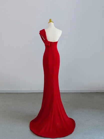Chic Mermaid One Shoulder Red Satin With Ruffled Prom Dresses Long Evening Party Formal Outfits RB6634