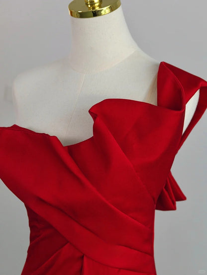 Chic Mermaid One Shoulder Red Satin With Ruffled Prom Dresses Long Evening Party Formal Outfits RB6634