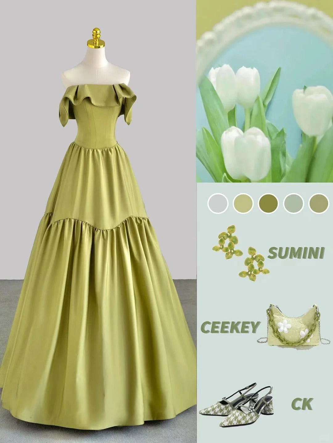 Chic Ball Gown Strapless Sage Green Satin With Ruffled Prom Dresses Long Evening Party Formal Outfits RB6635