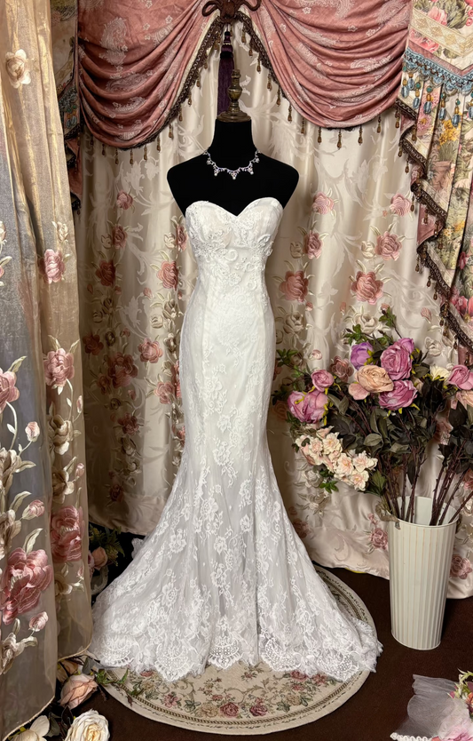 Retro Mermaid Sweetheart Lace 70s White Fitted Long Wedding Dress Bride Gown Brides Dresses AU250