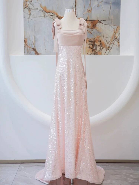 Vintage A Line Straps Sequin Pink Long Prom Dresses Party Dress 20th Birthday Outfits Graduation Dress AU251