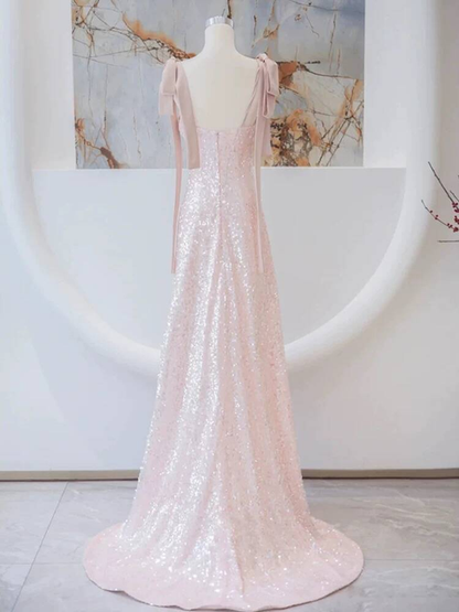 Vintage A Line Straps Sequin Pink Long Prom Dresses Party Dress 20th Birthday Outfits Graduation Dress AU251