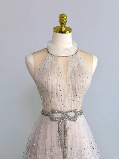 Sparkly A Line Scoop Champagne With Beading Tulle Prom Dresses Long Evening Party Formal Outfits RB6621