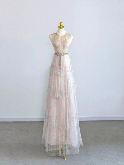 Sparkly A Line Scoop Champagne With Beading Tulle Prom Dresses Long Evening Party Formal Outfits RB6621