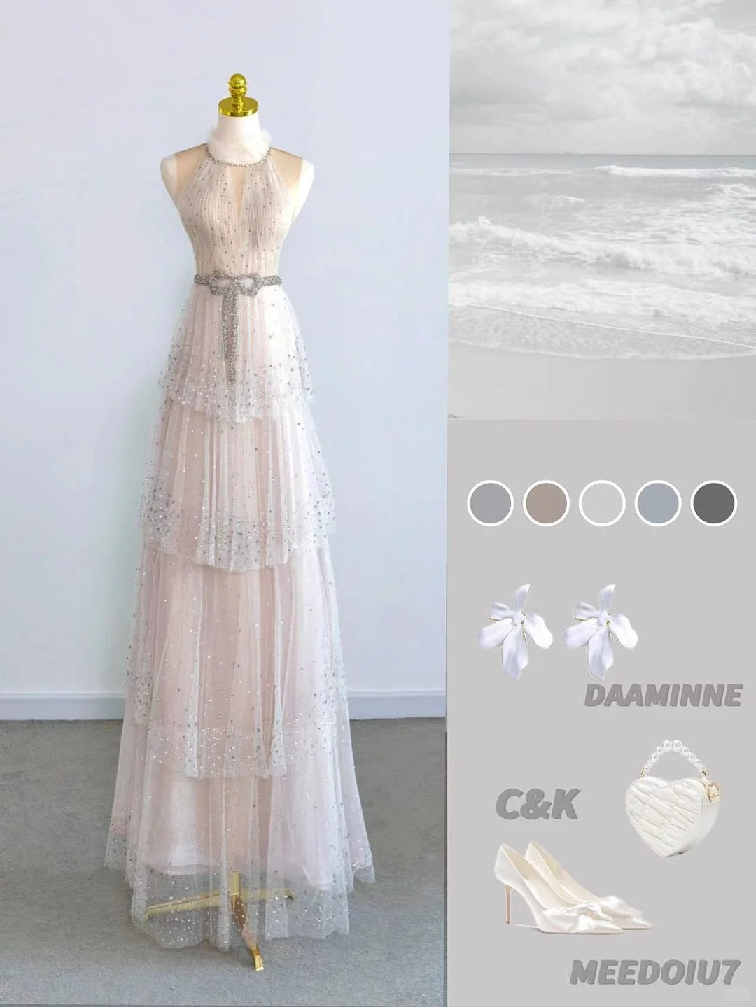 Sparkly A Line Scoop Champagne With Beading Tulle Prom Dresses Long Evening Party Formal Outfits RB6621