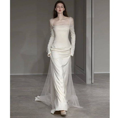 Modest Mermaid Square Neck White Wedding Dress Long Sleeves Fairytale Autumn Wedding Dresses AU252