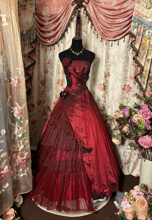 Retro Prom Dresses Ball Gown Spaghetti Strap Burgundy Vintage Long Prom Dresses Party Gowns AU252