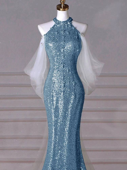 Modest Mermaid High Neck Sequin Blue Long Prom Dresses Party Dress 21st Birthday Outfits Graduation Dress AU253