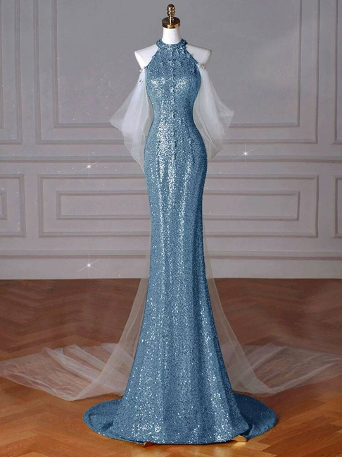 Modest Mermaid High Neck Sequin Blue Long Prom Dresses Party Dress 21st Birthday Outfits Graduation Dress AU253