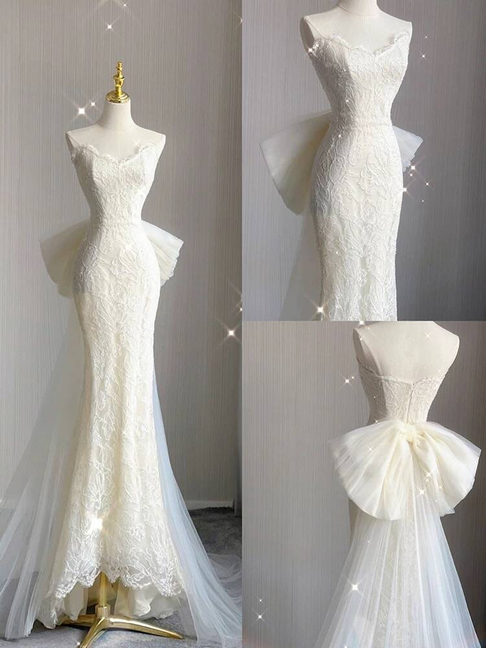 Modest Mermaid Sweetheart White Lace Wedding Dress Long Fairytale Autumn Vintage Wedding Dresses AU254