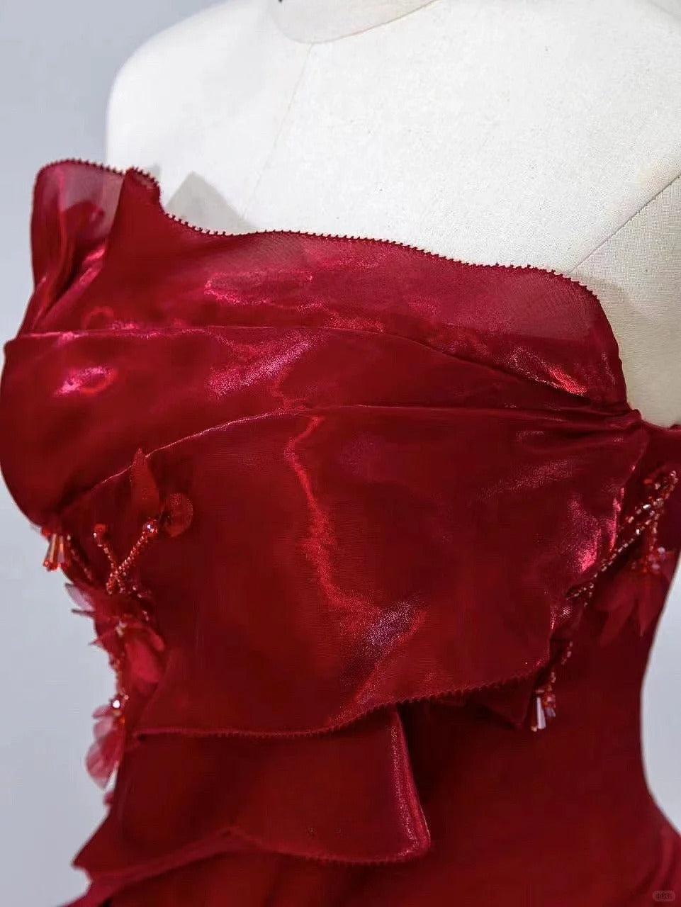 Classy Mermaid Strapless Burgundy Satin With Flowers Prom Dresses Long Evening Party Formal Outfits RB6636