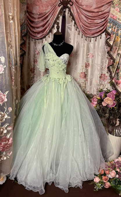 Retro Ball Gown Sweetheart Beads Mint Green Tulle Long Prom Dresses 80s 70s Prom Gowns AU254
