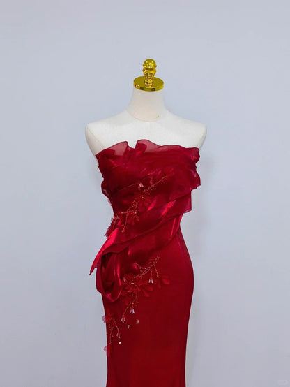 Classy Mermaid Strapless Burgundy Satin With Flowers Prom Dresses Long Evening Party Formal Outfits RB6636