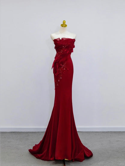 Classy Mermaid Strapless Burgundy Satin With Flowers Prom Dresses Long Evening Party Formal Outfits RB6636