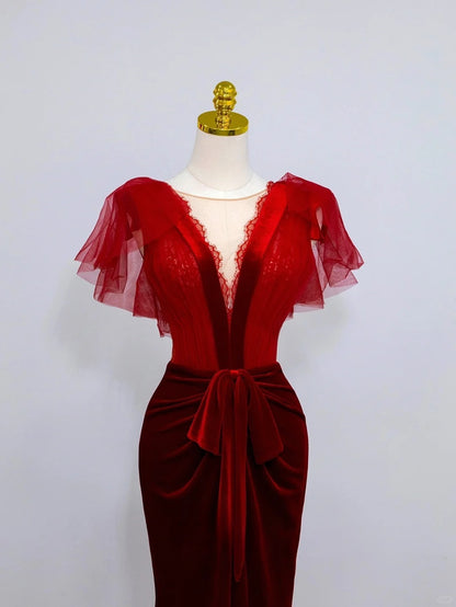 Classy Mermaid V Neck Burgundy Velvet  With Ruffled Prom Dresses Long Evening Party Formal Outfits RB6637
