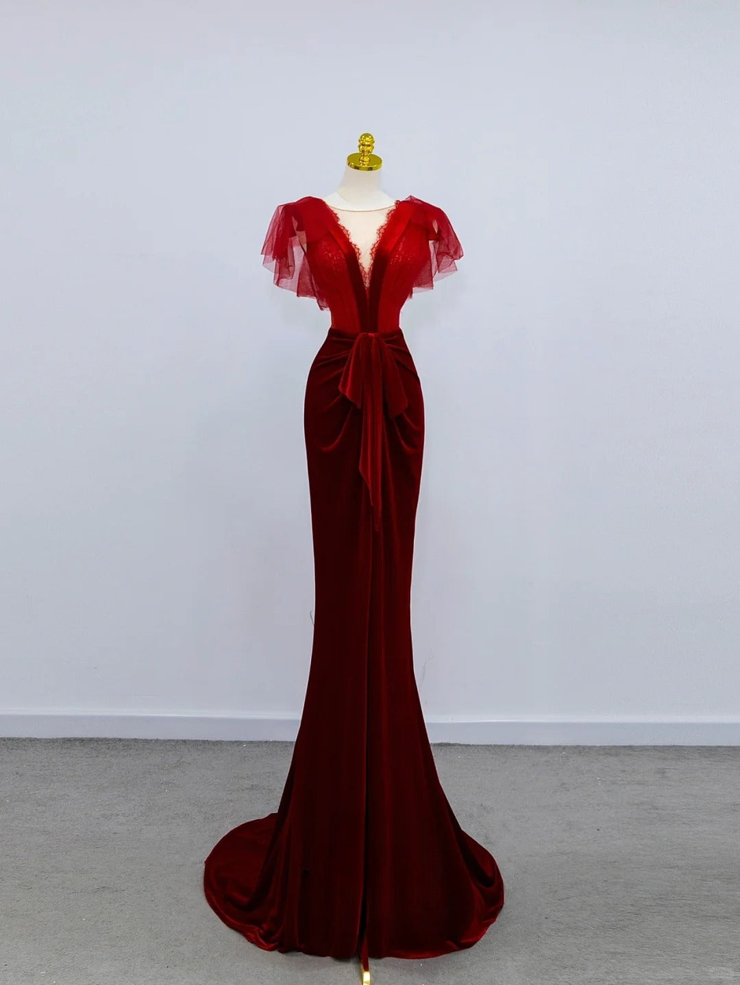 Classy Mermaid V Neck Burgundy Velvet  With Ruffled Prom Dresses Long Evening Party Formal Outfits RB6637