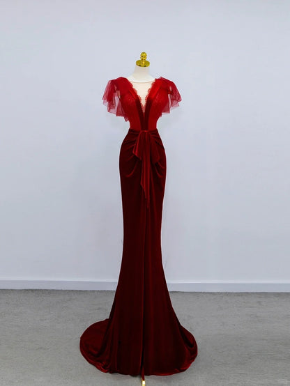 Classy Mermaid V Neck Burgundy Velvet  With Ruffled Prom Dresses Long Evening Party Formal Outfits RB6637