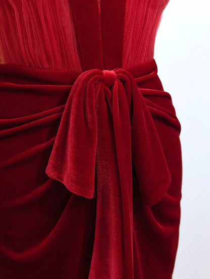 Classy Mermaid V Neck Burgundy Velvet  With Ruffled Prom Dresses Long Evening Party Formal Outfits RB6637