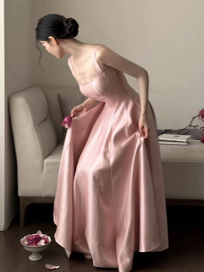 Modest A line Blush Pink Satin Long Prom Dresses Party Dress 21st Birthday Outfits Graduation Dress AU256
