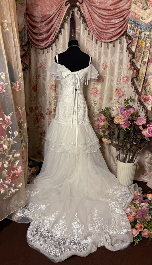 Retro Mermaid Spaghetti Strap Lace 60s White Fitted Corset Bride Gown Long Wedding Dresses AU256
