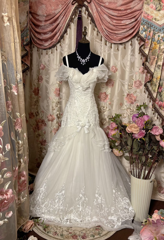 Retro Mermaid Spaghetti Strap Lace 60s White Fitted Corset Bride Gown Long Wedding Dresses AU256