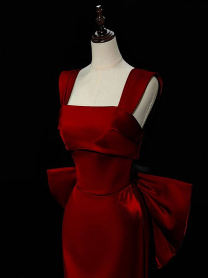 Modest Mermaid Square Neck Burgundy Satin Long Prom Dresses Party Dress 21st Birthday Outfits Graduation Dress AU257