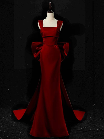 Modest Mermaid Square Neck Burgundy Satin Long Prom Dresses Party Dress 21st Birthday Outfits Graduation Dress AU257