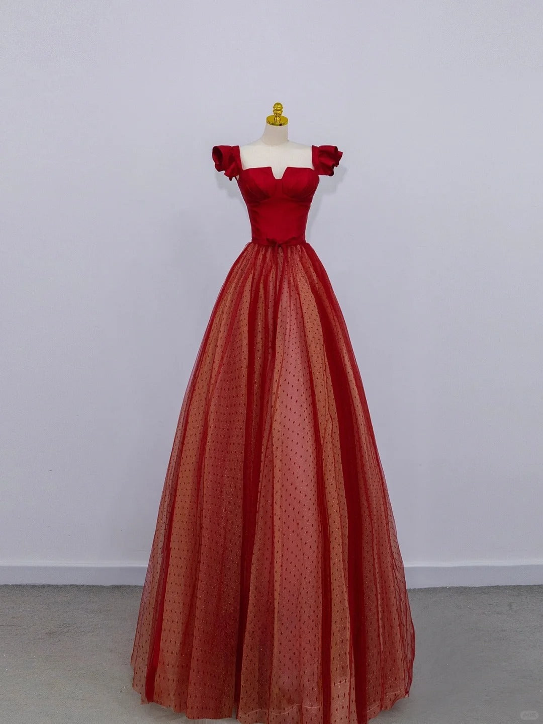 Modest A line Square Neck Red Tulle Polka Dots Prom Dresses Long Evening Party Formal Outfits RB6651