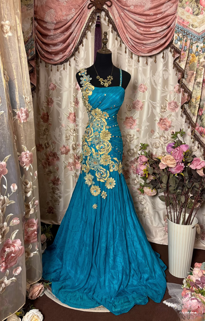 Retro Mermaid Spaghetti Straps Gold Lace Long Prom Dresses 80s 70s Party Prom Gowns AU257