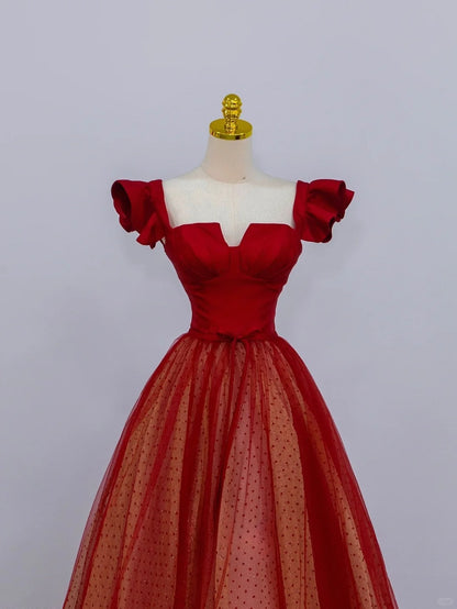 Modest A line Square Neck Red Tulle Polka Dots Prom Dresses Long Evening Party Formal Outfits RB6651