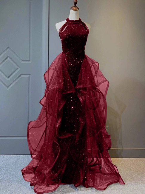 Modest Ball Gown High Neck Burgundy Sequin Long Prom Dresses Party Dress 21st Birthday Outfits Graduation Dress AU259