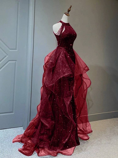 Modest Ball Gown High Neck Burgundy Sequin Long Prom Dresses Party Dress 21st Birthday Outfits Graduation Dress AU259