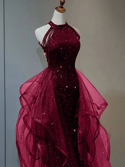 Modest Ball Gown High Neck Burgundy Sequin Long Prom Dresses Party Dress 21st Birthday Outfits Graduation Dress AU259